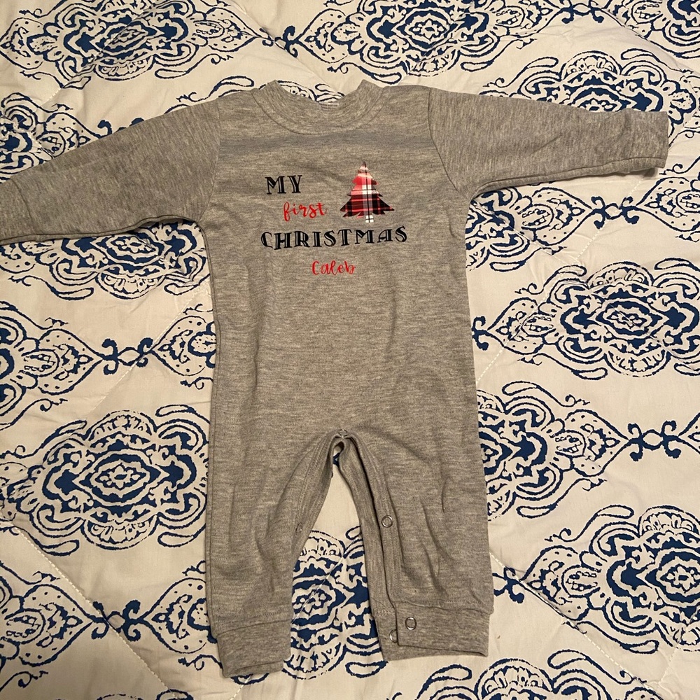 Caleb First Christmas Gray Onesie